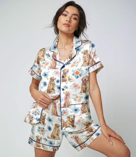 Image of Women 2PCs Satin Pajama Set Short Sleeve Silk Feel Gift Sleepwear