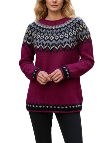 Womens Vintage Fair Isle Knit Sweaters Pullover Casual Fall Winter Long Sleeve Crewneck Loose Fit Retro Sweater