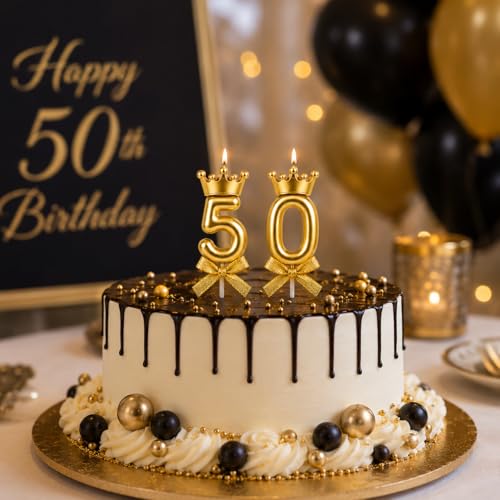 Image of Premium Gold Number 50 Candle Set with Crown Metallic Cake Topper for 50th Birthday Golden Jubilee Anniversary and Celebration Events, 2 PCs