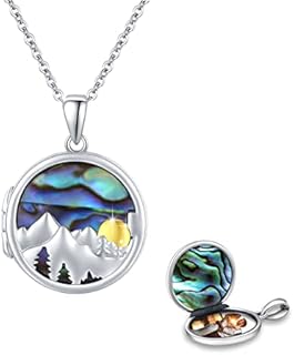 REDSUN Mountain Locket Necklace 925 Sterling Silver Sun Mountain Necklace Pendant That Holds Picture Abalone Shell Necklace Jewellery for Women Girls Daughter Wife Nature Lover Climber Hikers Gift
