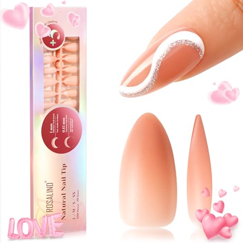 ROSALIND 200 Piezas Puntas de Uñas Tips Preteñidas Uñas Postizas Almendra 20 Tamaños Cobertura Completa de Uñas Postizas para de Manos Extensiones de Uñas, Rosy Pink