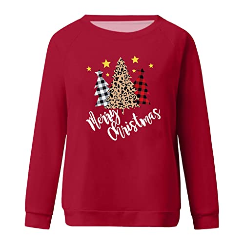 Moletom feminino xadrez leopardo estampa de árvore de natal moletom grande gola redonda pulôver mang