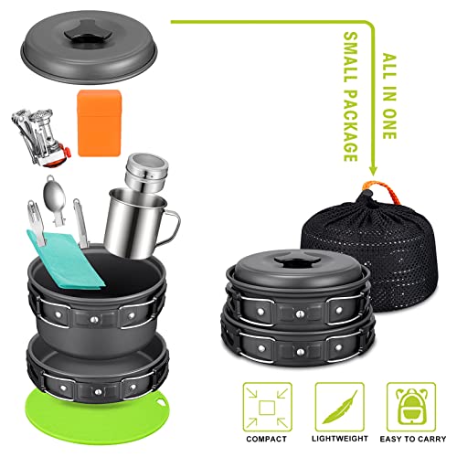 G4Free 12Pcs Camping Cookware Mess Kit, Ultralight Backpacking Mess Kit For 1-2 People, Camping Pots And Pans Set , Outdoor Camping Hiking And Picnic #TOP4