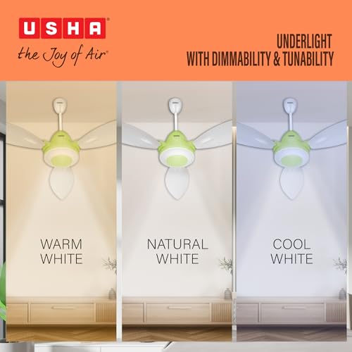 Image of USHA Bloom Lily Glow BLDC Ceiling Fan with 3-Mode Underlight | RF Remote | 100% Copper Motor | Whisper-Quiet |Dust-Resistant |BEE 5 Star Rated |3-Year Motor & 2-Year PCB Warranty | White & Light Green