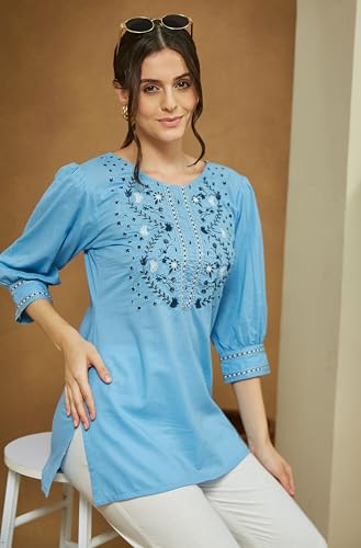 Image of Janasya Women's Pure Cotton Embroidered Straight Tunic