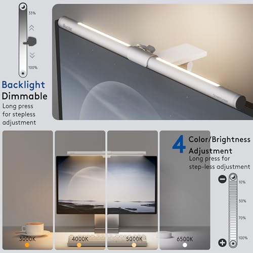 Image of Quntis Monitor Light Bar with Remote, Eye-Care No Glare, Space Saving Home Office Desk Lamp, White, Stepless Dimming, Easy Setup LED Computer Light Backlight for Curved Gaming Monitors Reading Study