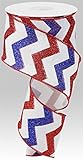 Glittered Chevron on Canvas Wired Edge Ribbon - 10 Yards (White, Red, Blue, 2.5 Inch)