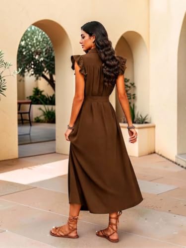 Image of OOMPH! Women's Shirt Midi Dress | Ruffle Sleeves | Button-Down Front | Waist Belt Detail | Collared Neck Casual & Vacation Dress
