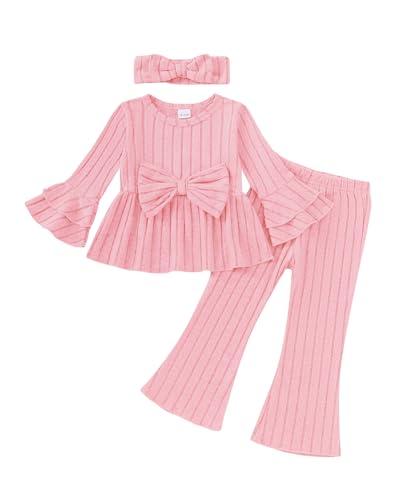 Image of SODLON Baby Girl Clothes Toddler Fall Winter Outfits Ruffle Long Sleeve Bow Top Flared Pants Set Bell Bottom Clothing 18M-5T