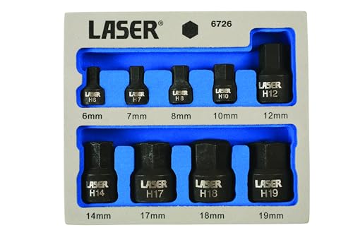 Laser 6726 Low Profile Impact Hex Socket Bit Set 1/4'D, 3/8'D 9pc, Silver