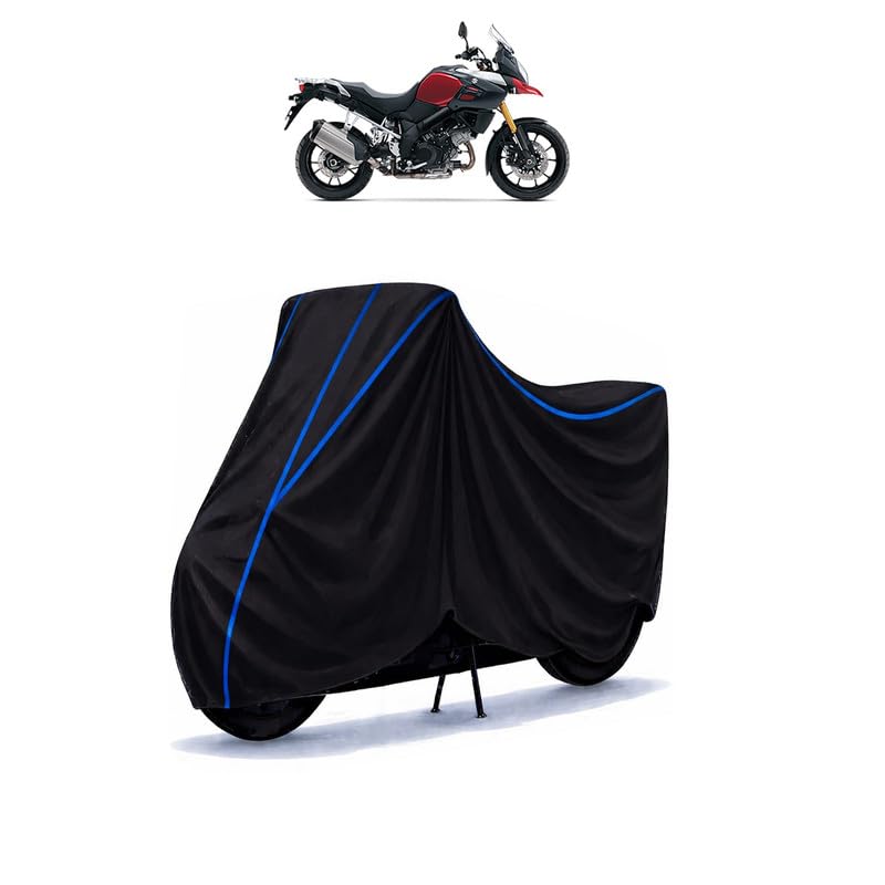 Image of Suzuki V Strom 1000 Bike Cover Water Resistant Universal Motorcycle Rain | Heavy Duty UV Protection, Dust, Scratch Indoor Outdoor All Weather with Black Blue Piping Elastic