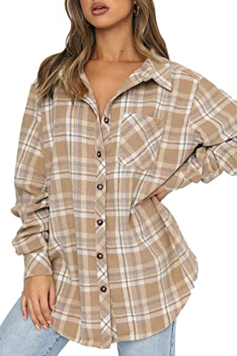 CHYRII Women's Casual Flannel Plaid Shacket Button Down Long Sleeve Shirt Jacket Coats4