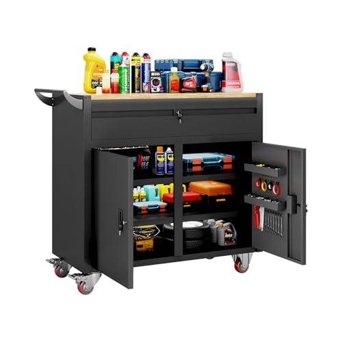 Hymula 46-inch Rolling Tool Cabinet,Tool Chest Workbench with Wood Top, Casters, Handle, Drawer Liner, Locking System,Tool Storage Workstation with 1200 lb for Warehouse, Factory, Auto Service Bays