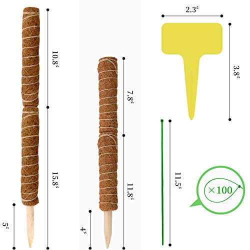 4 Pcs Moss Pole Plant Support Stakes Sticks for Climbing Potted Plants, Coir Totem Pole with 100 Pcs Plant Ties/ 50 Pcs Garden Labels (12'' 15.7 Inch Long)