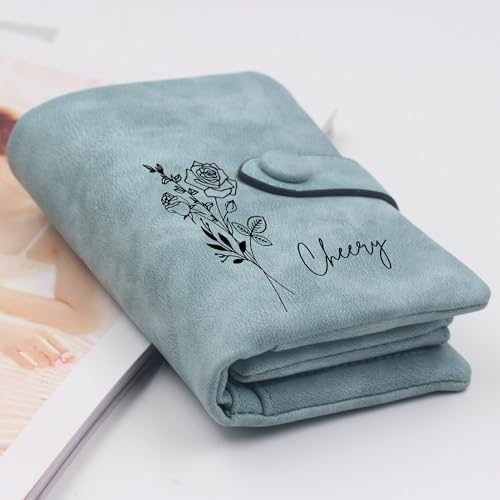 Personalized Peacock Blue Small Leather Wallet Custom Birth Month Flower & Name Coin Purse Card Holder for Women Girls Customized Gift for Birthday Christmas Mothers Day2
