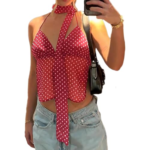 Women Sexy Polka Dot Halter Tops with Scarf Sheer Crop Cami Shirt Y2K Tie Open Back Tank Going Out Top