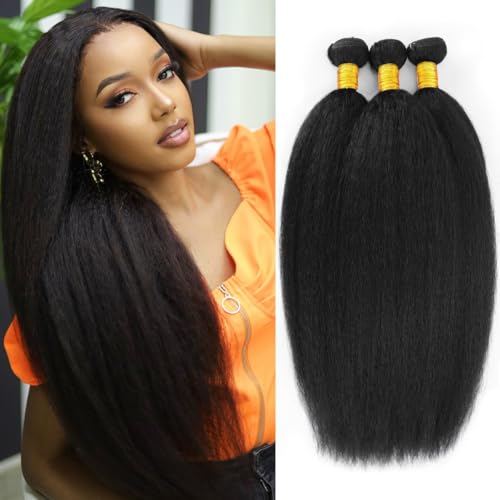 Bundles Human Hair Kinky Straight 3 Bundles Yaki Straight Bundles Kinkystraight 12A 100% Unprocessed Brazilian Virgin Human Hair Bundles for Black Women Natural Black Hair Extension 16 18 20 Inch
