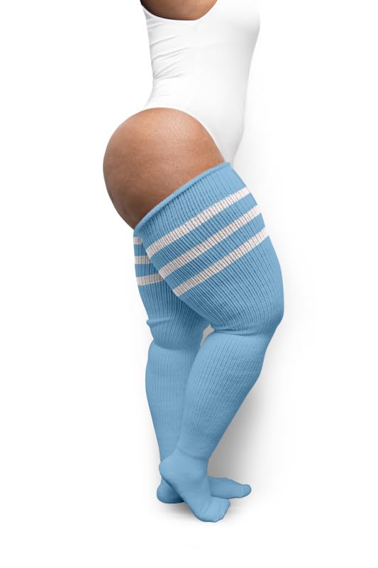 Image of Thunda Thighs Plus Size Thigh High Socks, Over the Knee High Boot Stockings Leg Warmers, Extra Long & Thick Socks Pastel Blue & Stripes