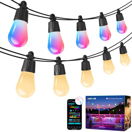 Lepro ZB1 AI Smart Outdoor String Lights 54(42+12) ft RGB+IC+Warm White Outside Light with 15 Plastic LED Bulbs Music Sync Alexa Google Enable 2.4 GHz WiFi+Bluetooth (APP Control No Remote)