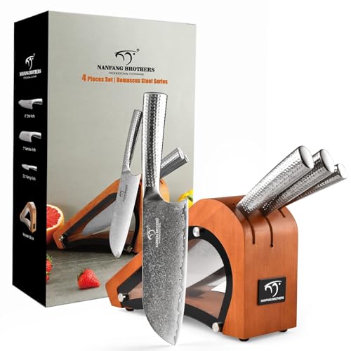 NANFANG BROTHERS VG10 Steel 67 Layers SuperiorDamast Küchenmesser-Set, 10,00 cm bis 20,00 cm Scharfes Damast-Kochmesser mit gehämmerten Griffen und Holzblock
