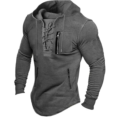 Men Hooded Shirts Long Sleeve Lace Up Casual Vintage Solid Muscle T Shirts Slim Fit Pullover Hoodies Top Tees