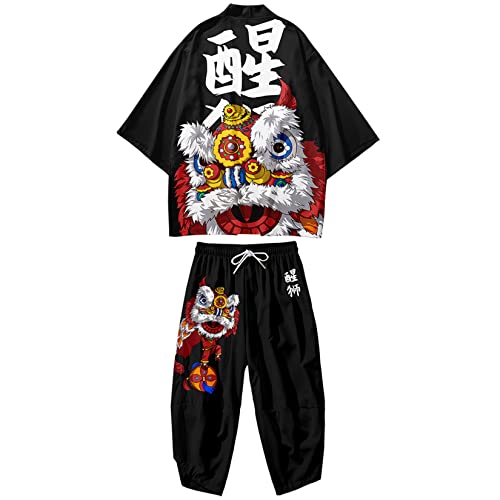 Image of DOSLAVIDA Men's Japanese Kimono Jacket Set Stylish Open Front Coat With Shorts Chinese Style Printed Cardigan Suit