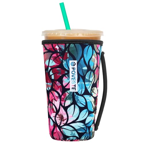 Image of Reusable Neoprene Insulator Sleeve for Iced Coffee & Cold Soda, Coffee Sleeves for Iced & Hot Drinks, Cold Beverage Cooler Compatible with Starbucks, Dunkin (Blue&Pink Leave, Large: 32oz)