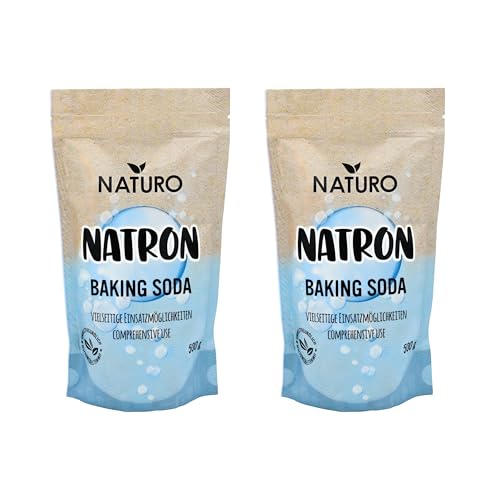 Naturo Polvo de bicarbonato de sodio, 2 x 500 g, versátil para la limpieza, el hogar y la cocina, respetuoso con la piel y no tóxico, polvo de sodio para limpiar, bicarbonato de sodio, sodio