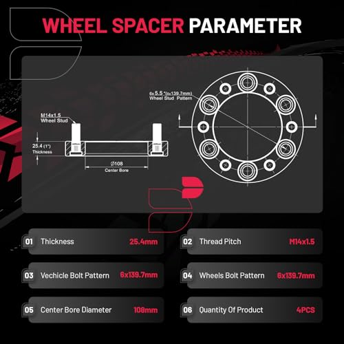 Image of BDFHYK 6x5.5 Wheel Spacers Thickness 1 Inch Compatible with Chevy 1999-2022 Silverado Suburban Tahoe GMC Sierra 1500 Yukon K1500, 6x139.7mm 6 Lug M14x1.5 Studs & 108mm Hub Bore, Set of 4 No Lip