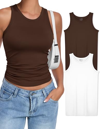OLCHEE Womens 2PK High Neck Tank Tops Workout Long Seamless Trendy Basic Shirts Going Out Slim Fit 2025 - White Brown Small