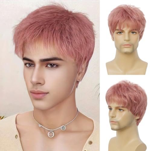 Image of Swiking Pink Wigs for Men Short Layered Synthetic Hair Wigs for Halloween Cosplay Daily Party Male Use