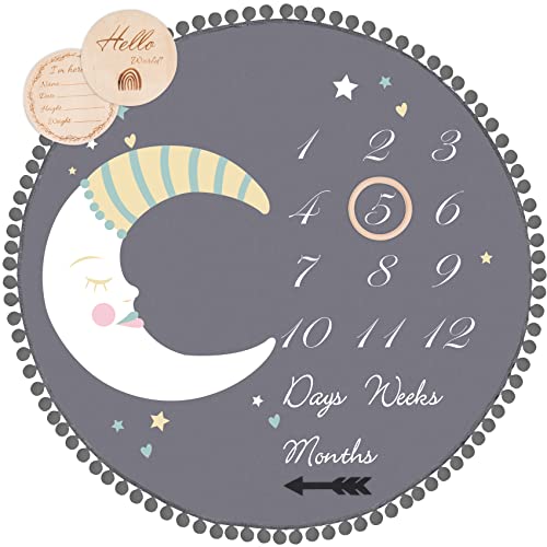 Image of HAN-MM Baby Milestone Girl Flowers Monthly Blanket with Double-Sided Milestone Cards and Circle Ring Play Mat Grey Moon Blanket