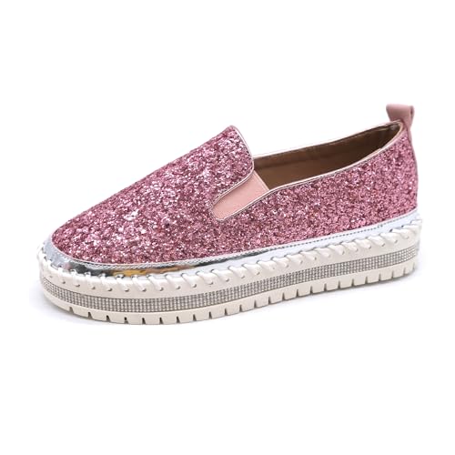 Image of Women's Platform Rhinestones Glitter Fashion Sneakers Comfortable Slip On Flat Loafers Walking Wedding Dress Shoes Casual Shoes