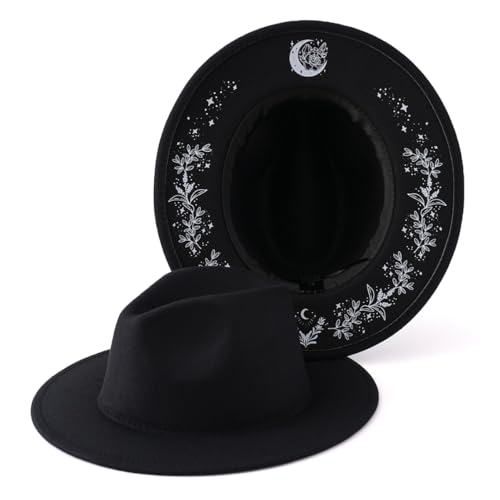 CCAKXCJJ Fedoras for Women Felt Fedora Flat Brim Hats Unisex Gothic Creative Vintage Fashion L104 Black-Moon