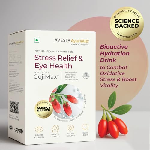 Image of AvestaAyurVAID Stress Relief & Eye Health Powered by GojiMax | Supports Immunity & Vision | Natural Bioactive Hydration Drink (Pack of 7) | No Added Sugar, No Preservatives, No Added Colours
