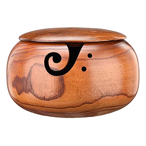 Almabbg Tigela de fio de madeira, suporte de tigela de fio de croché à prova de pó com tampa removível, organizador de armazenamento de fios feito à mão para tecer acessórios de croché