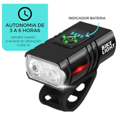 Kit Lanterna De Bike Bicicleta 2 Led Cree T6 Potente Recarregável USB em Alumínio + Sinalizador Tras