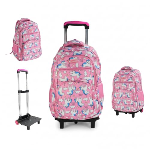 Mochila Escolar Infantil com Rodinhas 2 em 1, Poliéster, 45cm, Unicórnio Rosa, 4 Compartimentos