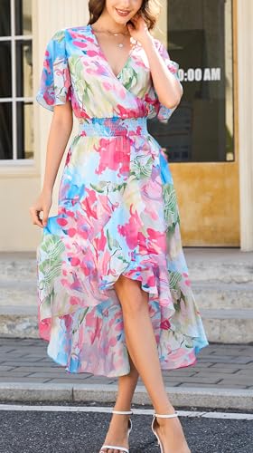 Image of Kormei Womens Short Sleeve Floral Maxi Dress High Low V-Neck Flowy Party Long Dresses