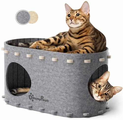Katzenhöhle Filz, Katzenhaus aus Filz, Katzenbett, Katzenhöhle für Katzen, 58 x 33 x 30cm, Peek-a-Boo zum Spielen, Winterfest, Schutz der Katzennägel, Grau