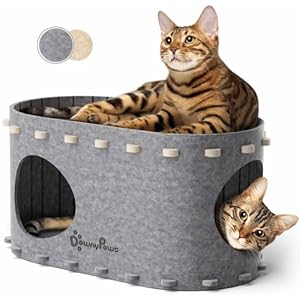 Katzenhöhle Filz, Katzenhaus aus Filz, Katzenbett, Katzenhöhle für Katzen, 58 x 33 x 30cm, Peek-a-Boo zum Spielen, Winterfest, Schutz der Katzennägel, Grau