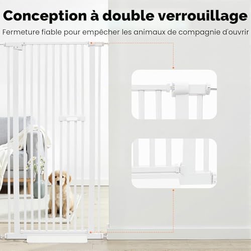 Barrière pour animaux de compagnie, extra haute, 150 cm, avec double verrouillage, porte pour chat et distance entre les barres de 3,5 cm, en acier au carbone, sans perçage, largeur réglable pour – vue 2