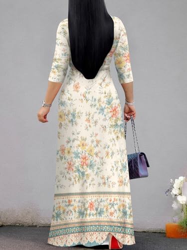 Image of Women's V Neck Floral Maxi Dress 3 /4 Sleeve Plus Size Boho Wrap Flowy Long Dresses with Belt