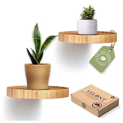 VELONT Wandregal rund - Ø15cm - 2er Set - Schwebend - Bambus - 7kg Traglast - Raumdekoration & Pflanzenpräsentation - Inkl. gratis Montagekit - Nachhaltig & Modern -Für jeden Raum - Deutsche Marke