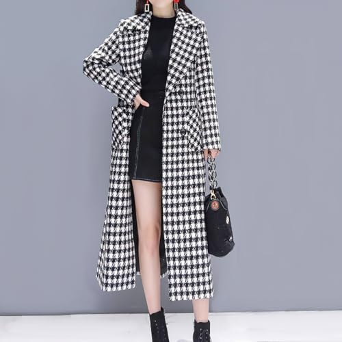 chouyatou Women's Houndstooth Notched Collar Double Breasted Overcoat Plaid Wool Blend Long Trench Coat2