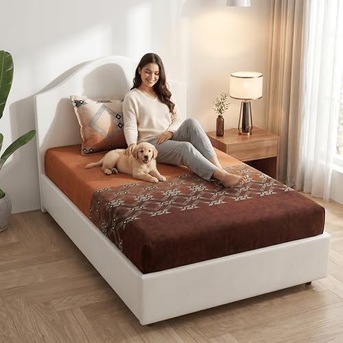 Image of Mafatlal Pure Cotton Single Bedsheet Combo Pack of 2 with Pillow Covers | Soft Breathable Bed Sheets for Summer | Floral Bedding Set | White Blue & Brown