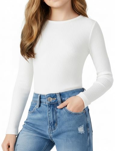 PATPAT Girls White Long Sleeve Ribbed Shirt Size 13-14 Crew Neck Long Sleeve Tops White Blouse for Girls Casual Tops