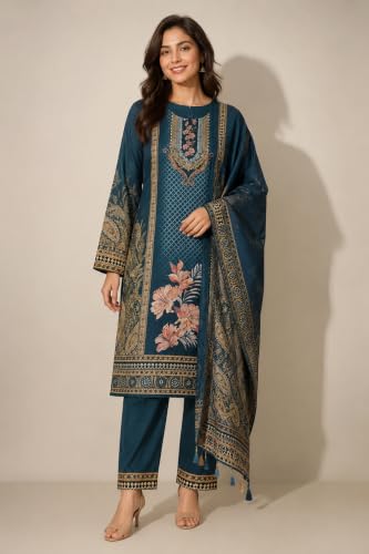 Image of WOOL'S KART|Women's Floral Printed Straight Kurta with Trousers & Dupatta Set | 3-Piece Ethnic Suit Set 103