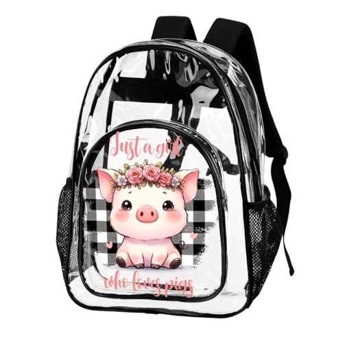 Pig Clear Backpack Heavy Duty for Girls Kids Boys Women Men - Large Cute PVC Pigs Theme Printing Transparent Backpacks for Schools Stadium Concerts Work - Clear/Black2