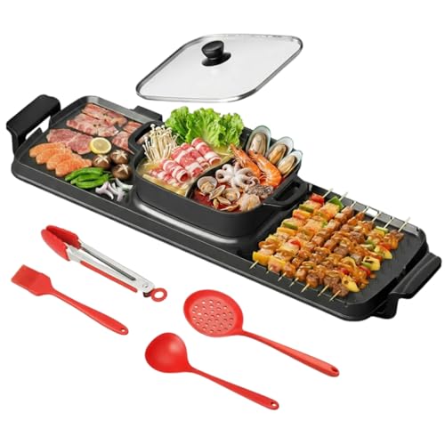 Buisoopt 2250W Electric Grill and Hot Pot Combo, 29 x 9.5 Inch Smokeless Indoor BBQ Grill with Easy to Clean, Dual Zone Temperature Control, Includes Food Tongs, Oil Brush, Soup Spoon, Strainer Black